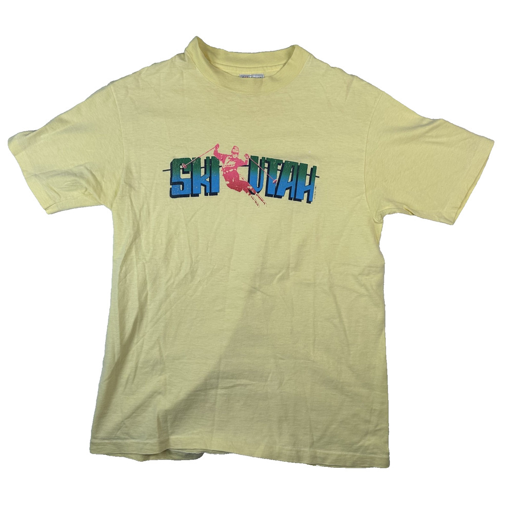 Vintage Ski Utah Yellow Single Stitch T-Shirt Hanes Tag Men's Size M USA 80s 90s